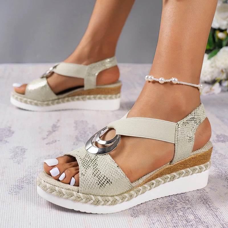 2025 Summer Gold Wedge Heel Sandals Women Fashion Snake Print Platform Sandles Woman Metal Ring Buckle Thick Sole Rome Sandalias - Empire P.E