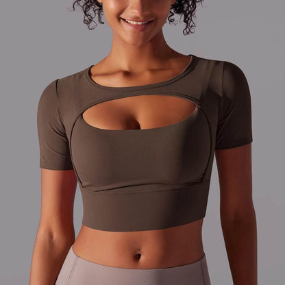 Solid Color Yoga Short Sleeve Sexy Double Layer Yoga Tank Top Spliced Mesh Yoga Clothing Top Fitness Running Sports Bra Women - Empire P.E