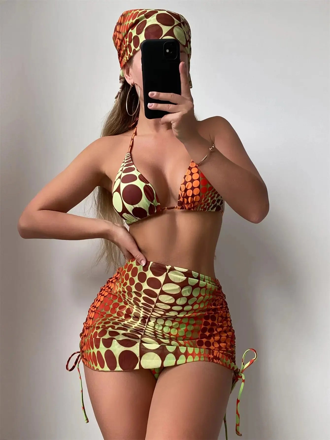 4 Pieces Random Dot Print Tie Side Halter Bikini Set & Beach Skirt