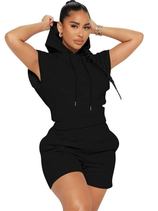 Summer 2024 Women's New Sexy Sleeveless Fashion Casual Sports Short Sleeved Hooded 3/4 Shorts Two Piece Set For Women - Empire P.E