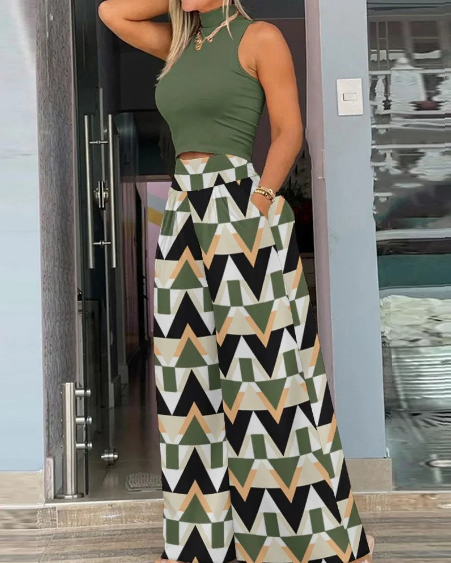 Fashionable Printed Wide-leg Trousers Two-piece Suit - Empire P.E