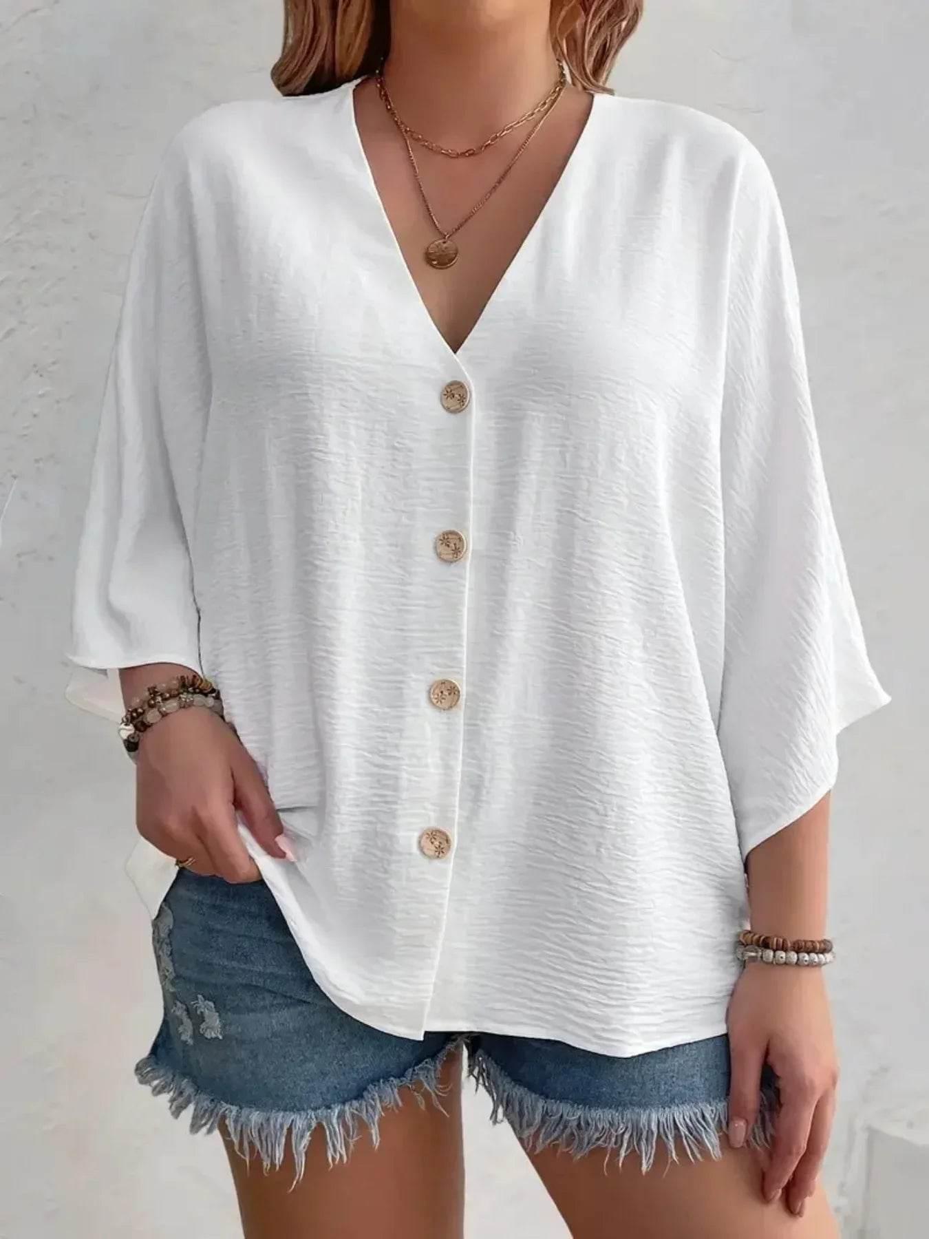 Women's Plus-size T-shirt Solid Color Breathable Spring/summer V-neck Button Travel Casual Wear with European and American Style - Empire P.E
