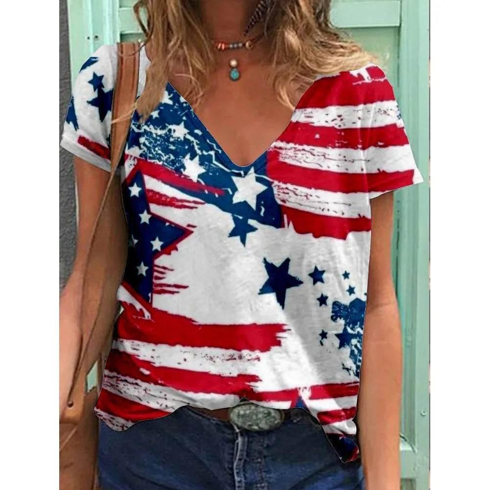 Fashion Women's T Shirt USA Flag Print Harajuku T-shirt Summer 2023 Top Kawaii Tees V Neck Pluse Size American Lady Y2k Clothing - Empire P.E