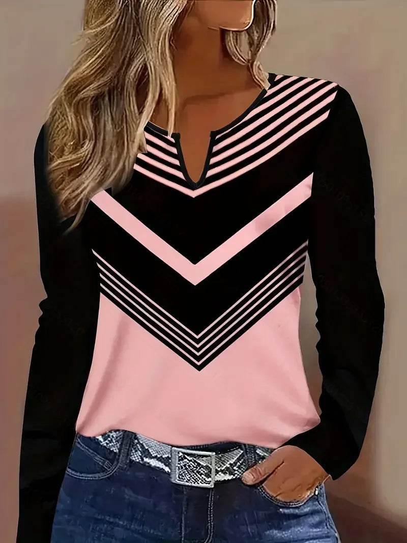 Women's Plus Size Fashion T-Shirt - Stylish Geometric Print V-Neck Long Sleeve Casual Top in Black and Pink - Empire P.E