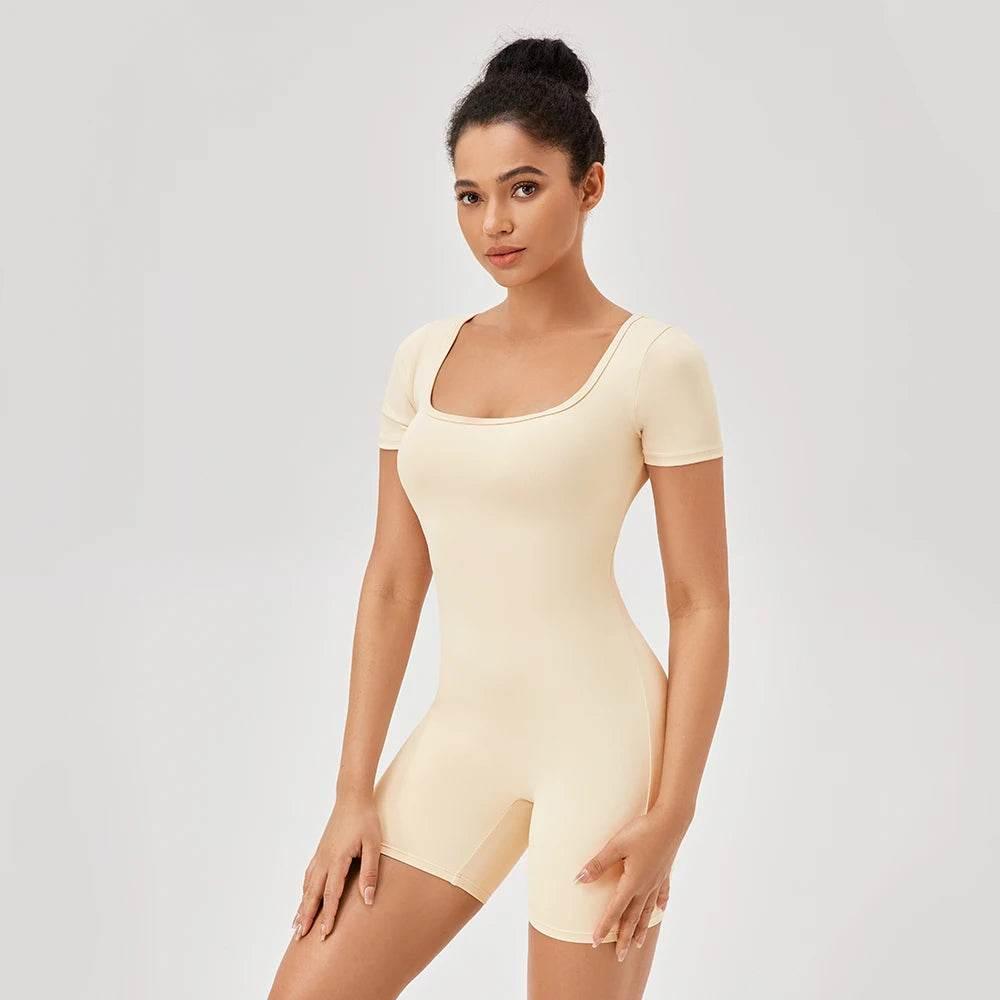 Fashion Women Yoga Suit Short Sleeve Gym Sports Jumpsuit Solid Color Workout Yoga Bodysuit Square Neck Yoga Set Sportswear - Empire P.E