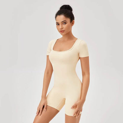 Fashion Women Yoga Suit Short Sleeve Gym Sports Jumpsuit Solid Color Workout Yoga Bodysuit Square Neck Yoga Set Sportswear - Empire P.E