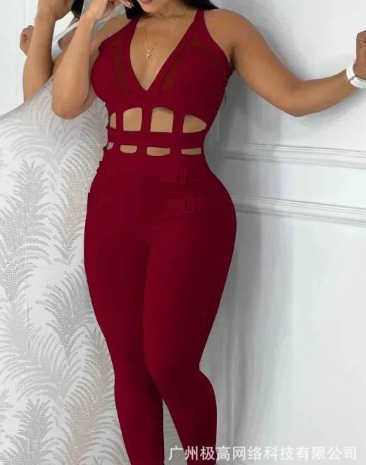Women's jumpsuit 2025 summer new sleeveless new fashionable hollow camisole buckle comparison mesh tight jumpsuit - Empire P.E