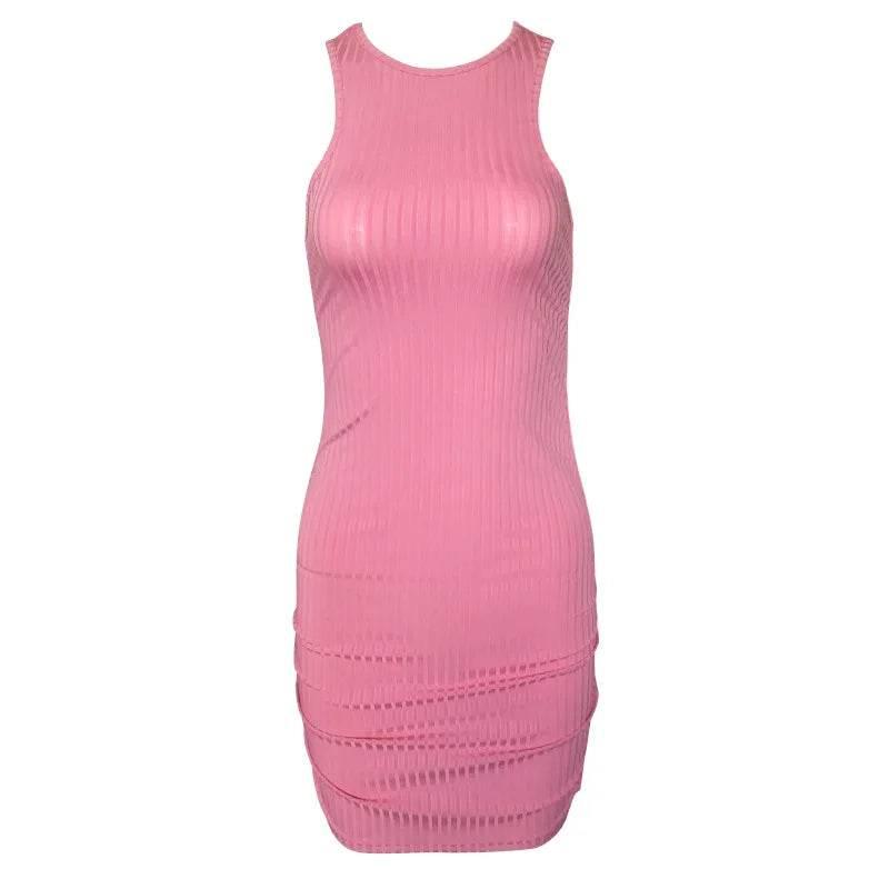 Sexy Stripes Thread Knitting Slim Bodycon Dress Women Sleeveless Solid Color Skinny Mini Dress Elegant Club Party Vestidos - Empire P.E