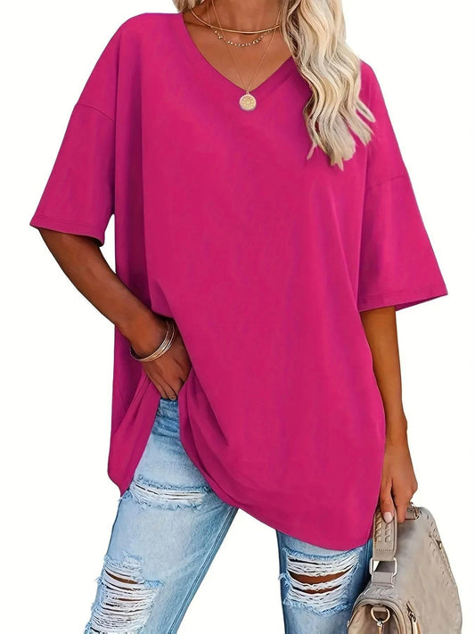 Plus size women's spring & summer simple fashion basic versatile polyester fiber with elastic solid color short-sleeved T-shirt。 - Empire P.E