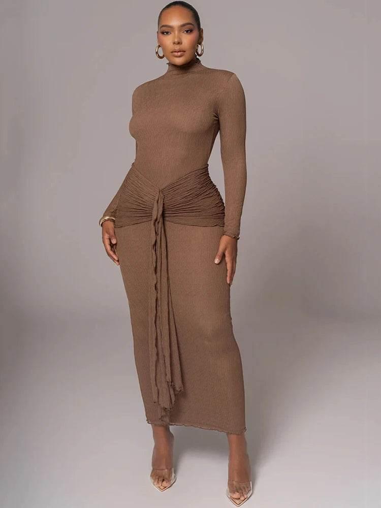 Mozision Elegant Long Sleeve Sexy Maxi Dress For Women Gown Fashion Drape Turtleneck Ruched Bodycon Club Party Long Dress - Empire P.E