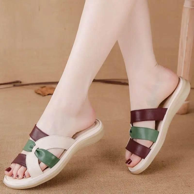 Slides Leather Low Heel Women's Slippers And Ladies Sandals Roman Flip Flops Shoes Eva 2024 Trend Korea Style Top Designs Luxury - Empire P.E