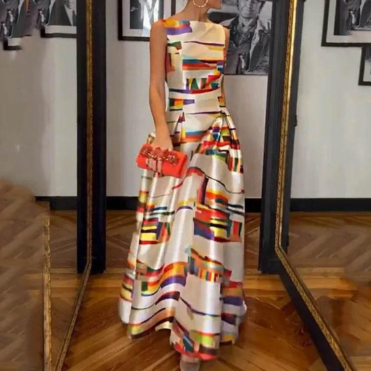 Elegant Printed O-Neck Evening Dress 2023 Sexy Hollow Sleeveless Waist Tank Dress New Casual Pleated Office Long Dress Vestidos - Empire P.E