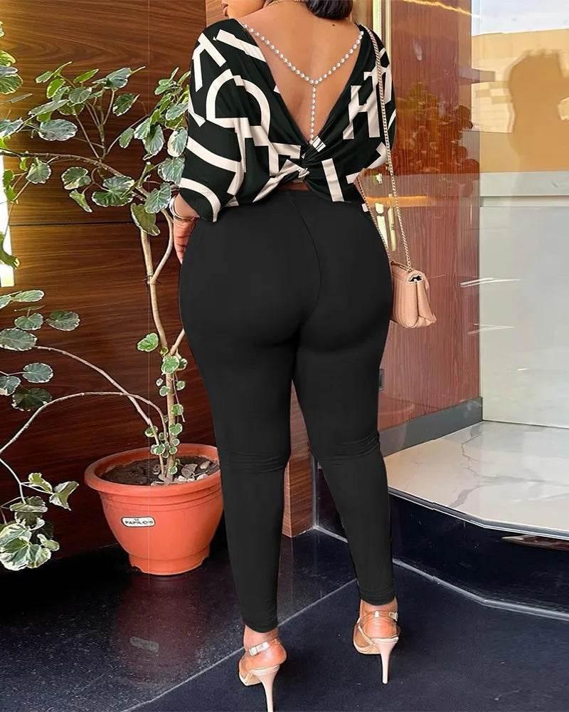 Autumn Women's New Fashion Printed Suit Round Neck Sexy Backless Quarter-sleeved Trousers Casual And Comfortable Two-piece Set - Empire P.E