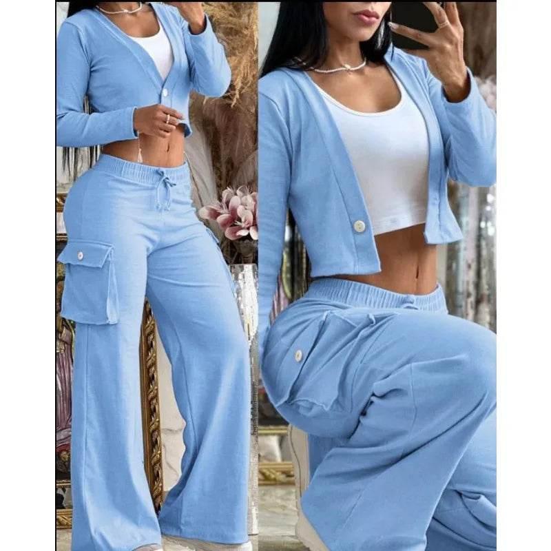 Spring Autumn Solid Slim Suit Women Long Sleeve Single Button V-neck Short Coat Drawstring Mid Waist Pocket Wide-Leg Pants Suit - Empire P.E