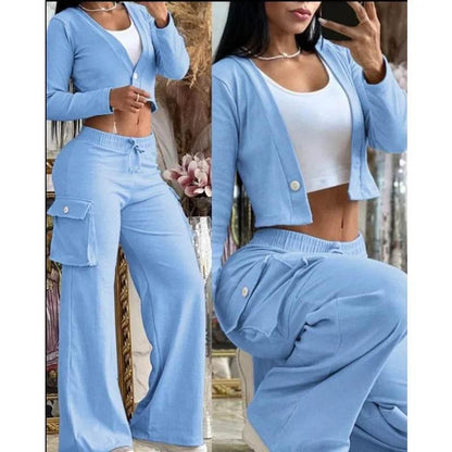 Spring Autumn Solid Slim Suit Women Long Sleeve Single Button V-neck Short Coat Drawstring Mid Waist Pocket Wide-Leg Pants Suit - Empire P.E