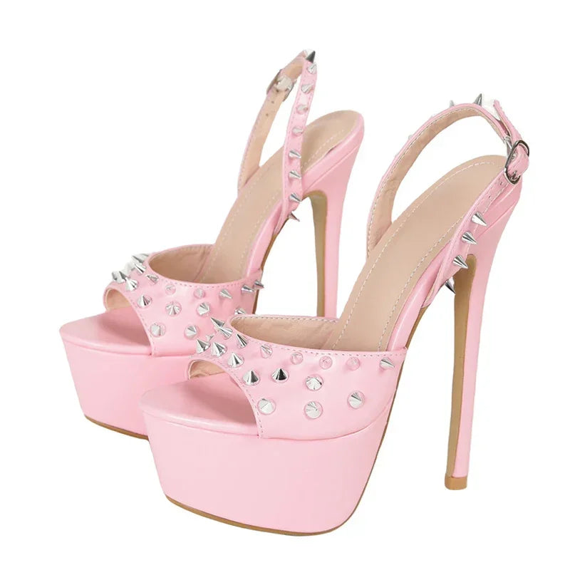 Metal Rivet Back Buckle Strap High Heels - Empire P.E