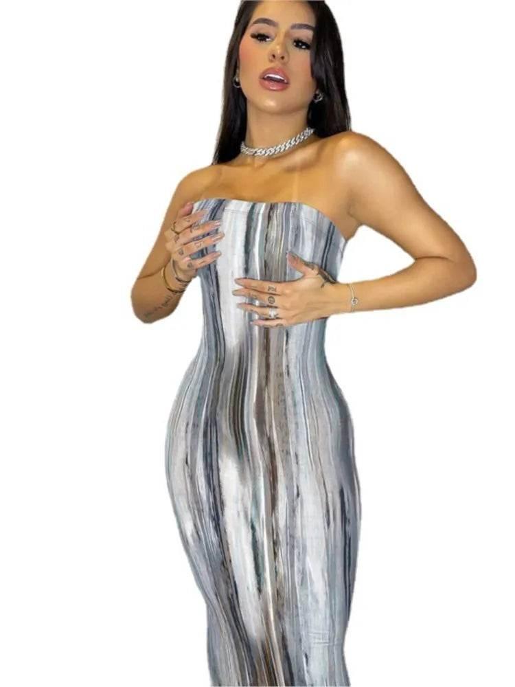 Spring And Summer Dresses For Women Chest Wrap Printed Off Shoulder Bandage Slim Sexy Long Dress 2023 New Fashion party MsChuh - Empire P.E