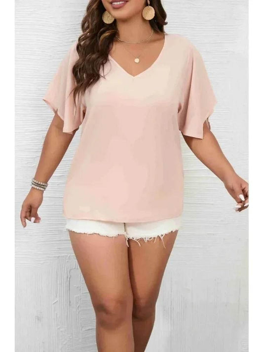 Women's Plus Size 1XL-5XL Solid Color Short Sleeve Blouse V Neck Bell Sleeve Blouse Casual Pullovers Shirt Top - Empire P.E