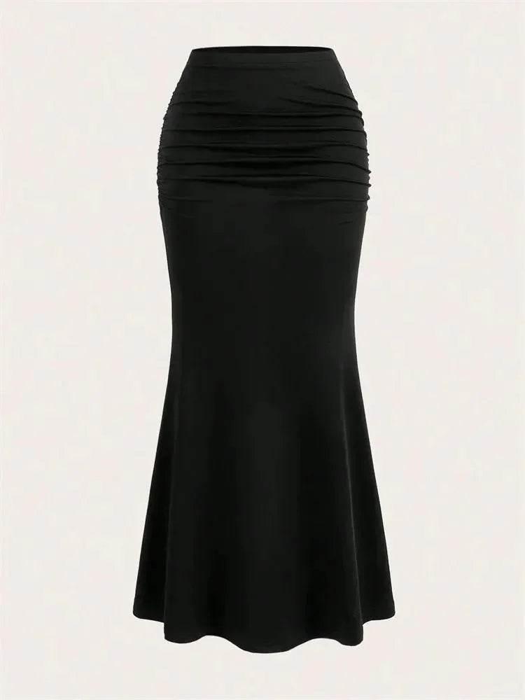 Solid Bodycon Ruched Long Skirt Women Sexy Black Elastic Elegant High Waist Mermaid Maxi Skirts Summer Streetwear 2024 - Empire P.E