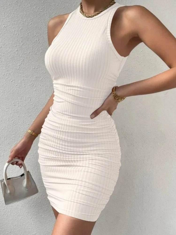 Sexy Stripes Thread Knitting Slim Bodycon Dress Women Sleeveless Solid Color Skinny Mini Dress Elegant Club Party Vestidos - Empire P.E