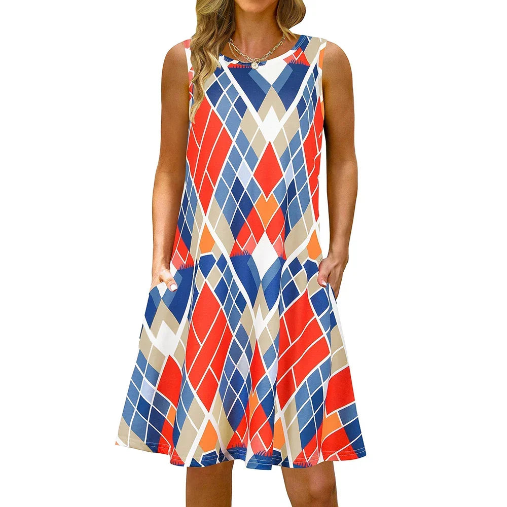 S-5Xl Colorful Printed O Neck Long Dress - Empire P.E