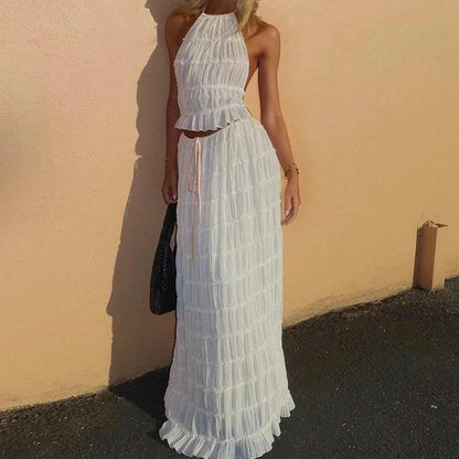 Women Boho Sexy Backless Matching Suit 2 Piece Beach Holiday Outfits Vintage Ruched Halter Cami Tops + Maxi Long Skirt Party - Empire P.E