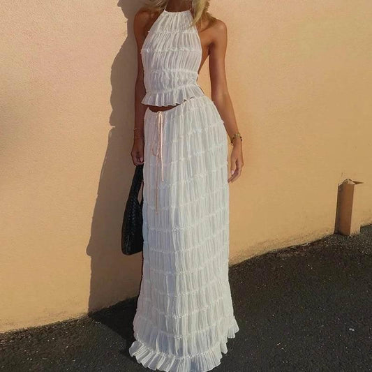Women Boho Sexy Backless Matching Suit 2 Piece Beach Holiday Outfits Vintage Ruched Halter Cami Tops + Maxi Long Skirt Party - Empire P.E