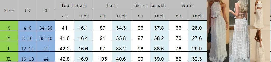 Women Boho Sexy Backless Matching Suit 2 Piece Beach Holiday Outfits Vintage Ruched Halter Cami Tops + Maxi Long Skirt Party - Empire P.E