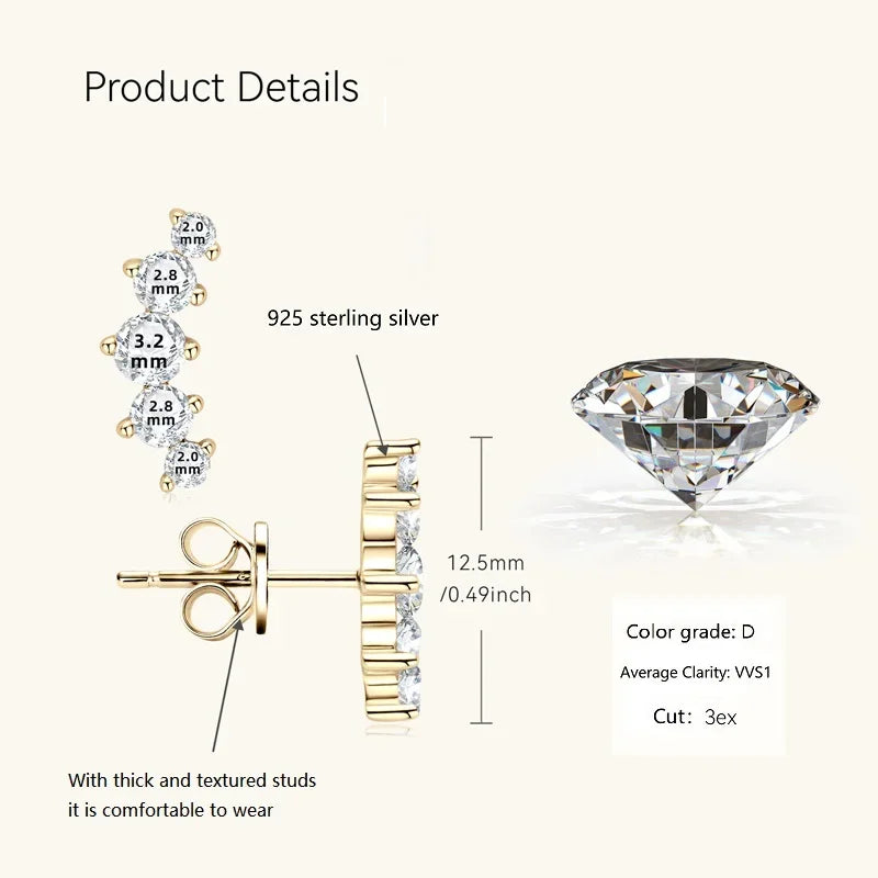 D Color Moissanite Jewelry Yellow Gold Plated Ear Crawler Earrings for Women - Empire P.E