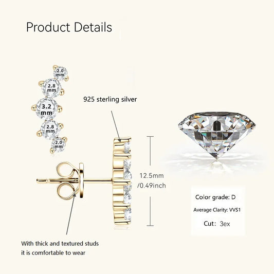 D Color Moissanite Jewelry Yellow Gold Plated Ear Crawler Earrings for Women - Empire P.E