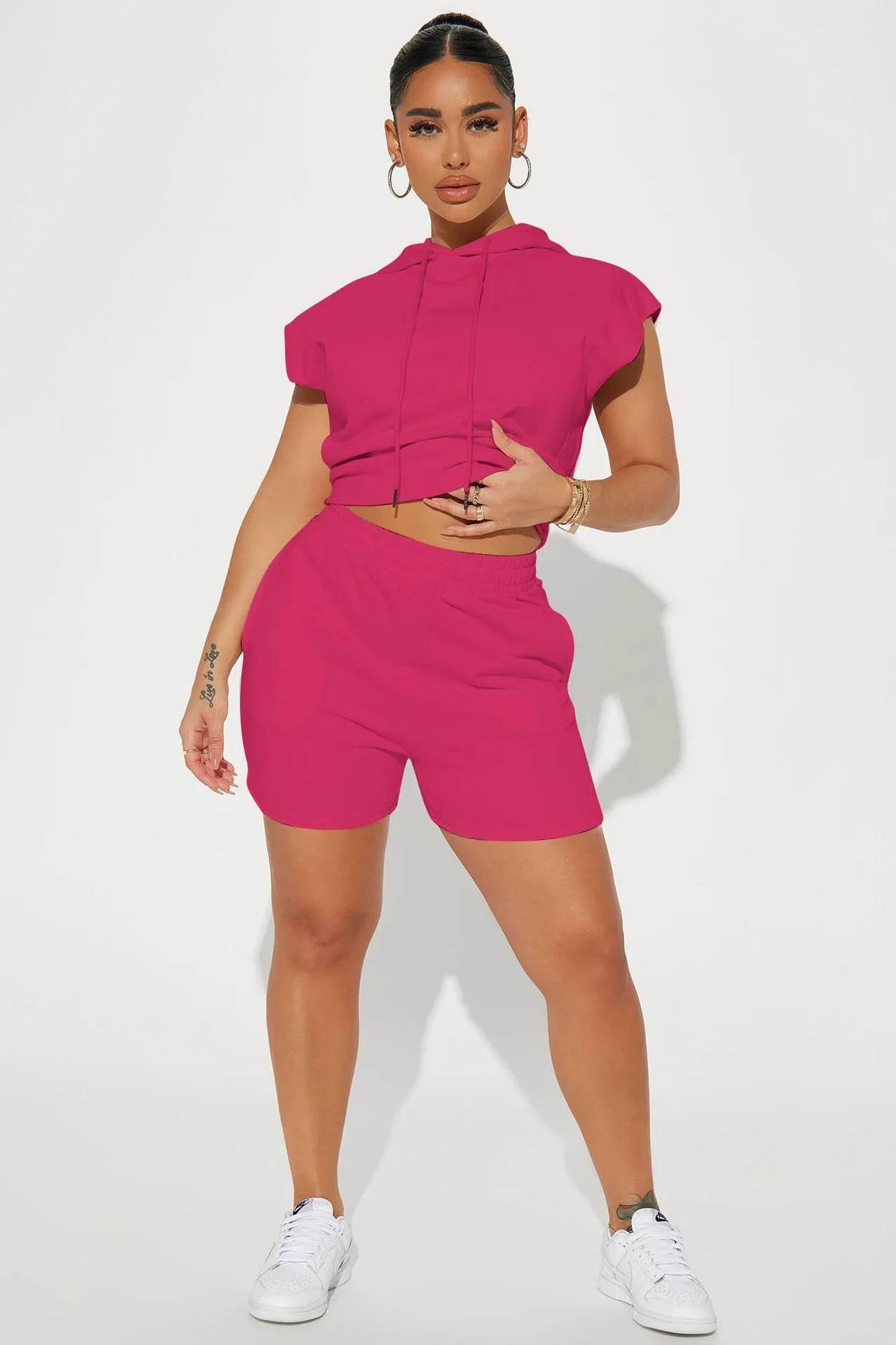 Summer 2024 Women's New Sexy Sleeveless Fashion Casual Sports Short Sleeved Hooded 3/4 Shorts Two Piece Set For Women - Empire P.E