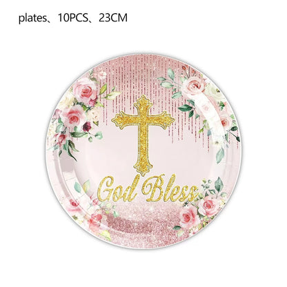 10Guests Pink Cross Baby Communion Party Supplies Flower God Bless Tableware Paper Plates Cups Baptismal Party Decor Baby Shower