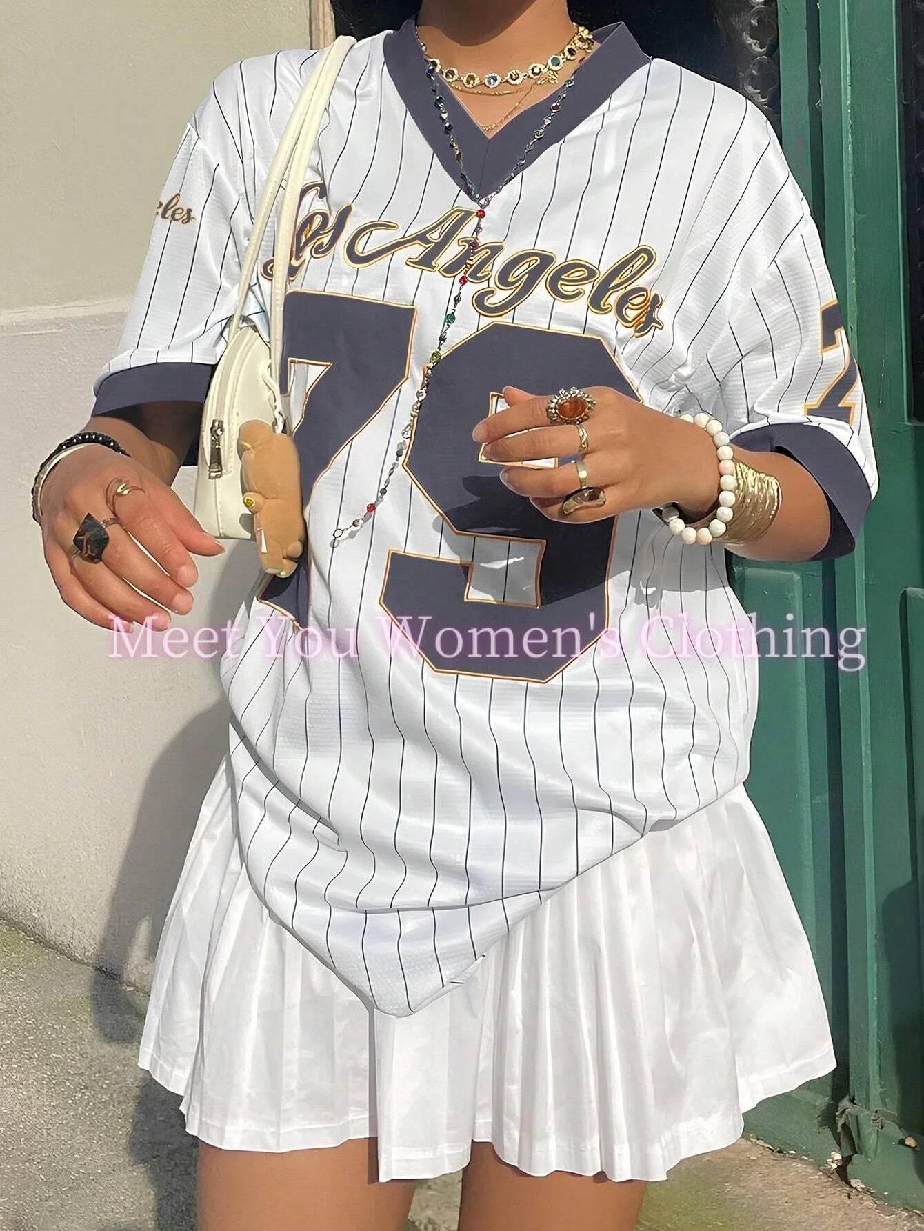 Women Los Angeles Number 79 Print V-Neck Short Sleeve T-Shirt Summer Graphic Tee Baseball Jerseys Stripe Oversized Sport T-Shirt - Empire P.E
