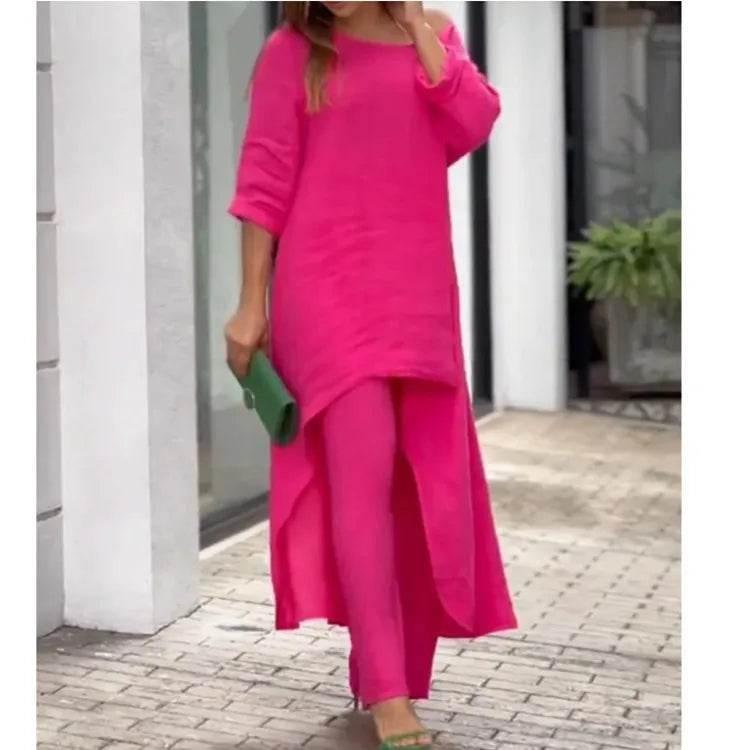 Women's Cotton Linen Long Pants Sets Fashion Solid Casual Irregular Tops Wide Leg Pant Suits Office Lady Two Piece Sets Clothes - Empire P.E