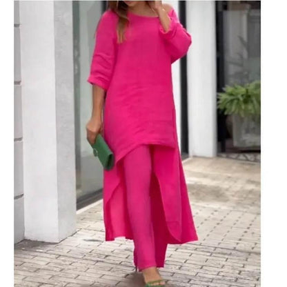 Women's Cotton Linen Long Pants Sets Fashion Solid Casual Irregular Tops Wide Leg Pant Suits Office Lady Two Piece Sets Clothes - Empire P.E