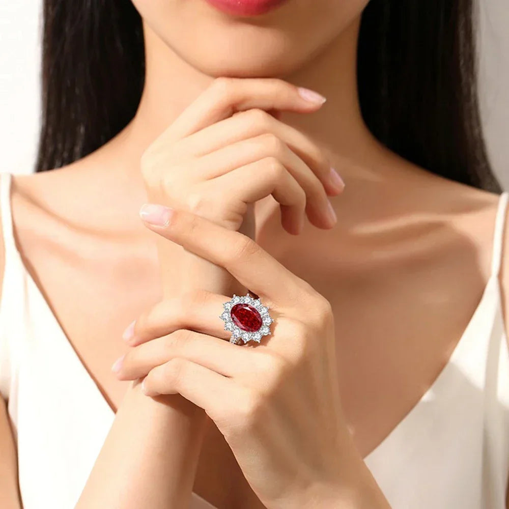 925 Sterling Silver 10*14 MM Oval Ruby Aquamarine High Carbon Diamond Gemstone - Empire P.E