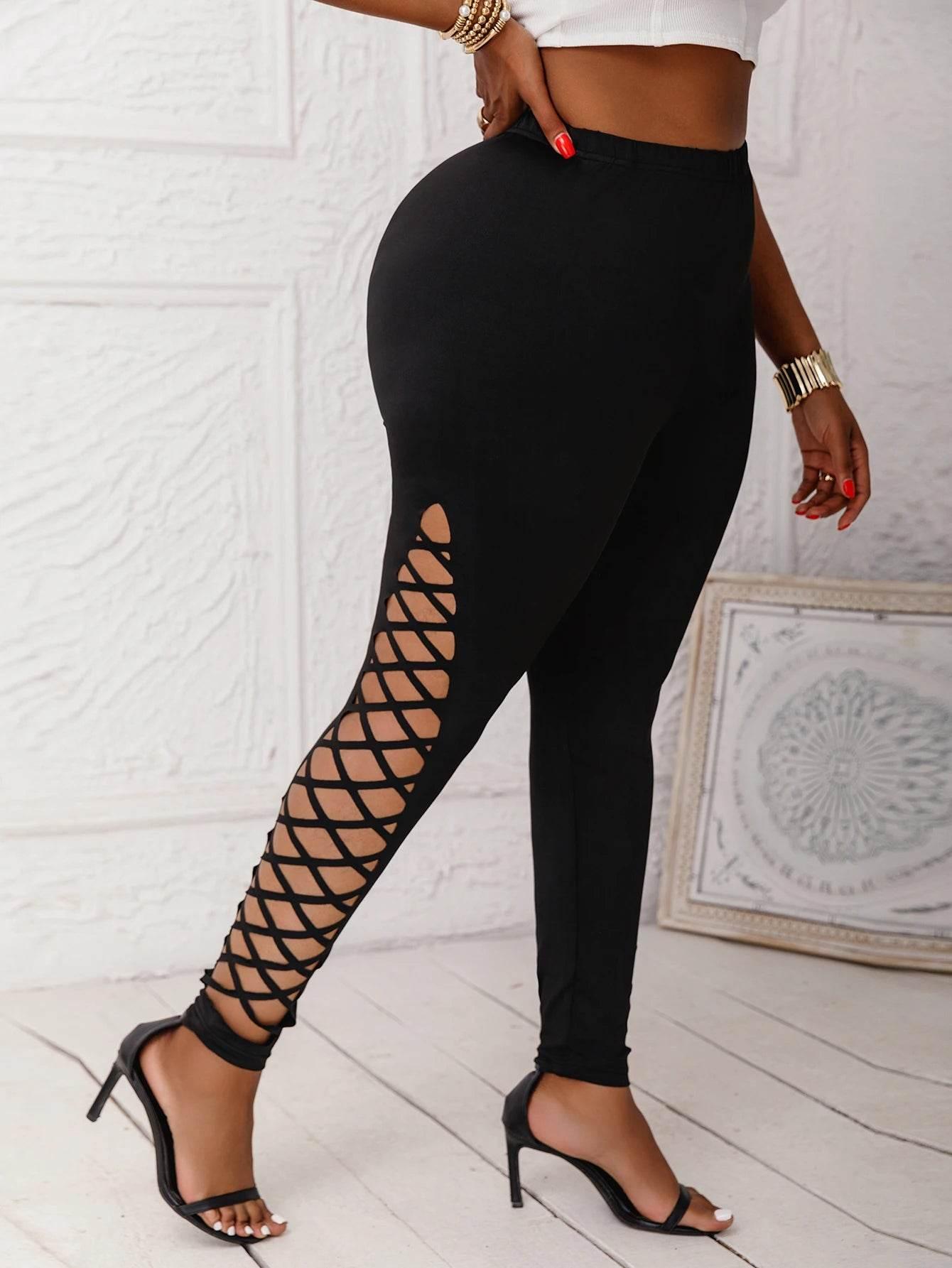 Plus Size Leggings For Women Clothing with Lattice Cutouts Mid-Waisted Stretchy Solid Color Female Knit Pants for Casual Outing - Empire P.E