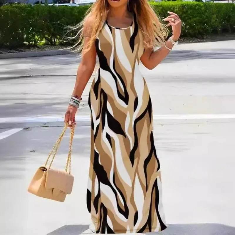 Women New Dress Denim Look Print U-Neck Maxi Dress Leisure Slit Slim Design Long Dress Fashion Solid Color Street Robe Dresses - Empire P.E