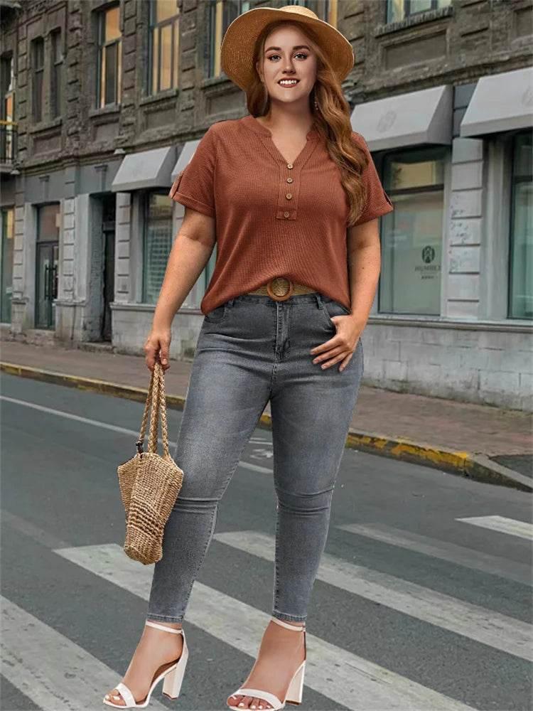 plus sizebutton decorative t-shirt, casual V-neck short-sleeved t-shirt, women's large clothing - Empire P.E