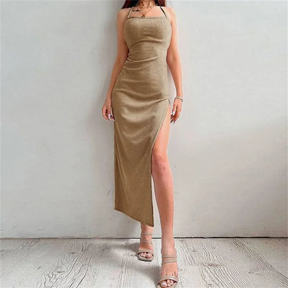 Sexy Black Long Bodycon Dress Women Summer Sleeveless Blackless Halter Neck Spaghetti Strap Dresses High Split Vestidos - Empire P.E