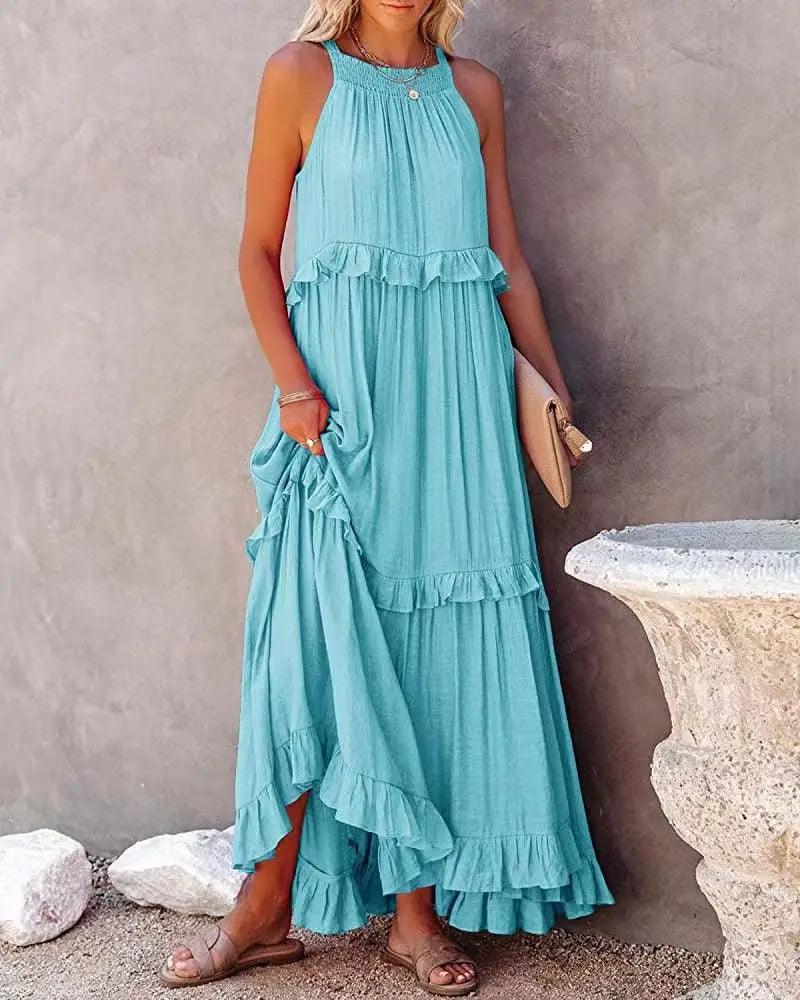 Women Casual Solid Ruffles Long Dress - Empire P.E