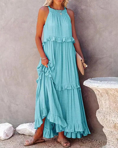 Women Casual Solid Ruffles Long Dress - Empire P.E