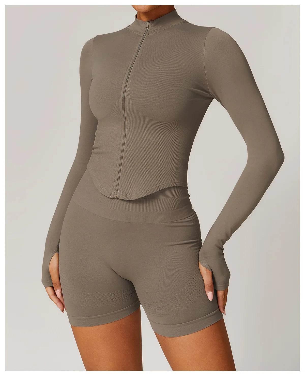Women Seamless Zipper Jacket Yoga Long Sleeved Gym Top Ribbed Yoga Stand Collar Jacket Running Workout Sport Coat Women's Shirts - Empire P.E