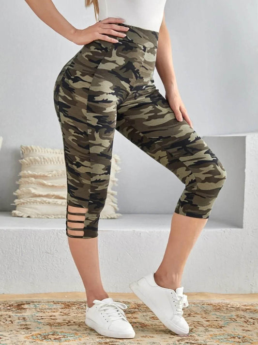 Plus Size Women's Camo Capri Leggings with Side Stripe Cutouts Stylish High Elasticity Knit Sporty Fashionable Casual Pants - Empire P.E