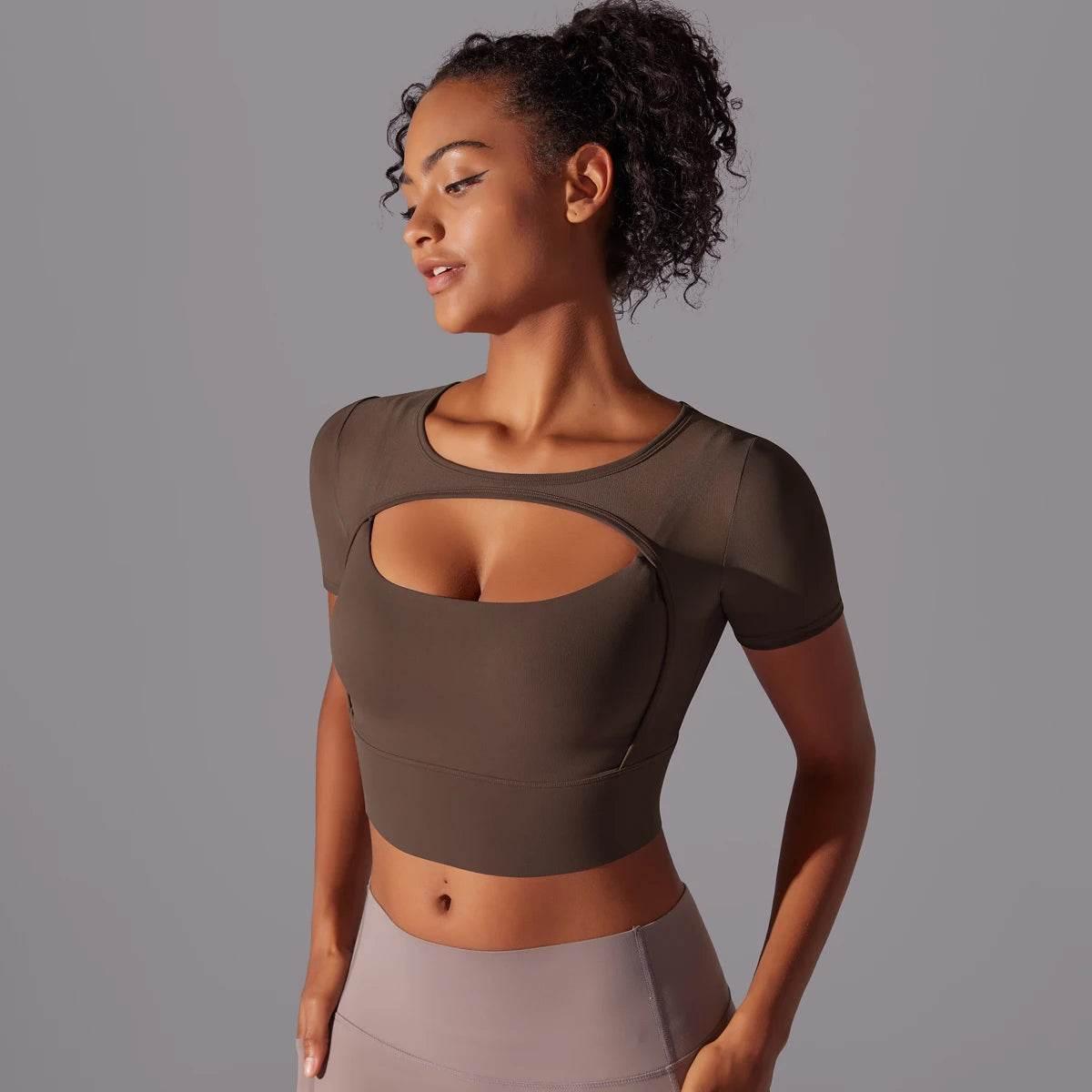 Solid Color Yoga Short Sleeve Sexy Double Layer Yoga Tank Top Spliced Mesh Yoga Clothing Top Fitness Running Sports Bra Women - Empire P.E