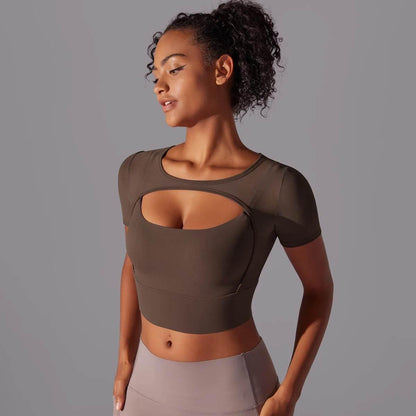 Solid Color Yoga Short Sleeve Sexy Double Layer Yoga Tank Top Spliced Mesh Yoga Clothing Top Fitness Running Sports Bra Women - Empire P.E