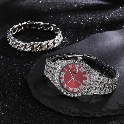 Watch Bracelet Set Hip Hop Stainless Steel Gold Color Calendar Watch for Men Iced Out Paved Rhinestones Men Watch Reloj Hombre - Empire P.E