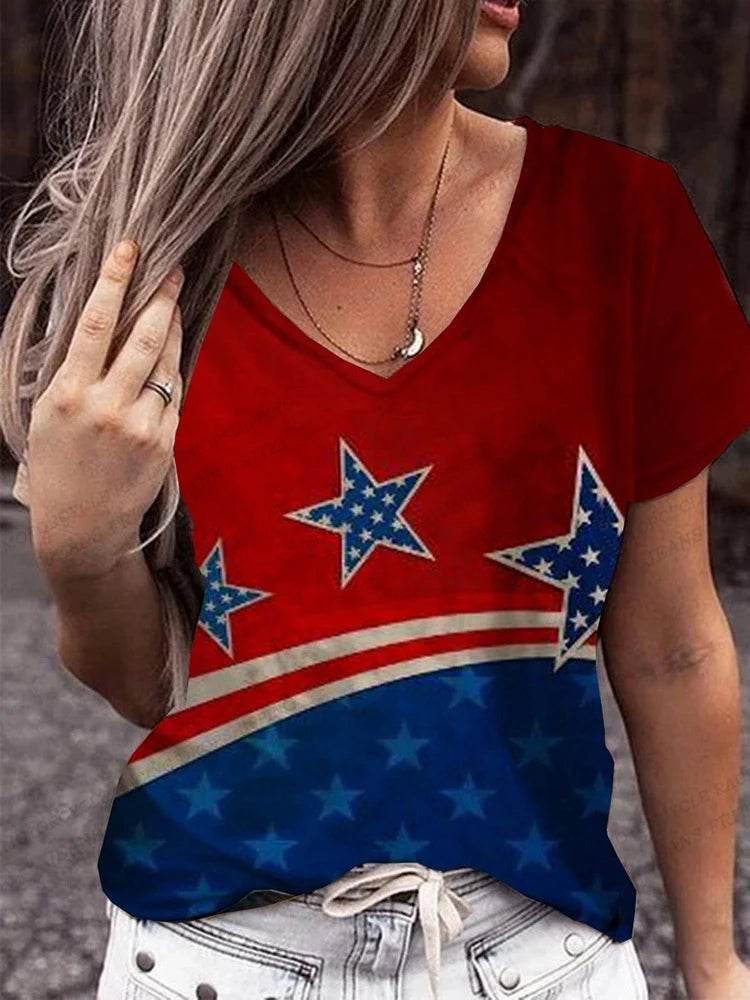 American Flag 3d Print T-shirt Women Fashion V-Neck T-shirts Short Sleeve Tops Tees Loose Casual Tees Vintage Camisetas USA Flag - Empire P.E