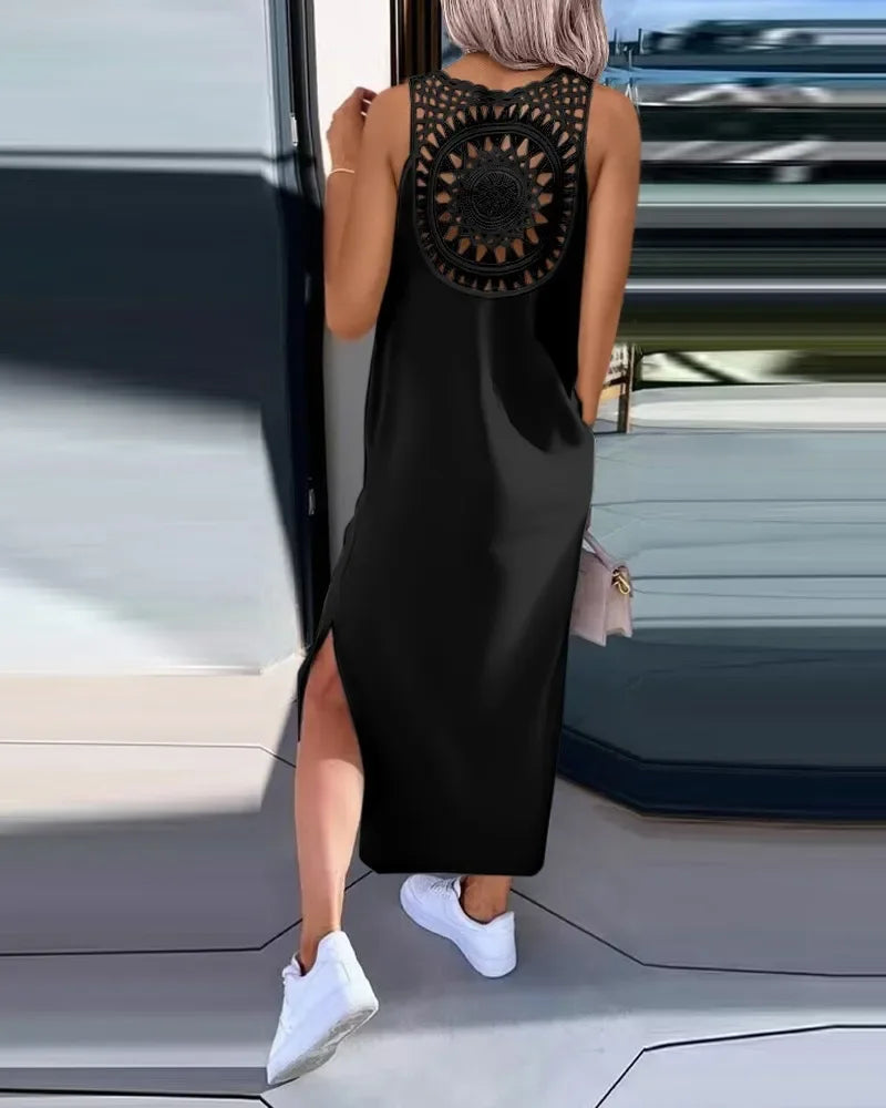 Hollow Out Solid Long Dress Women Fashion Sleeveless - Empire P.E