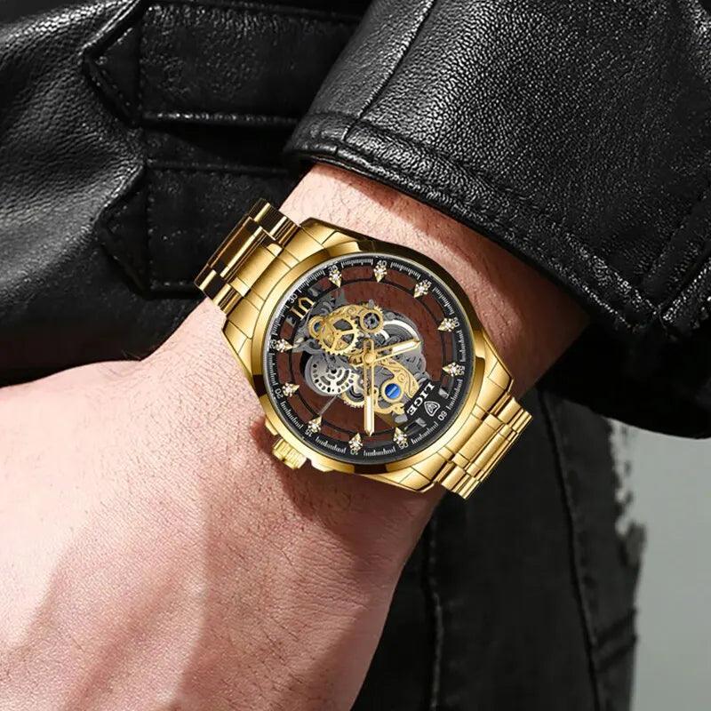 LIGE New Men Watch Skeleton Quartz Wristwatch Gold - Empire P.E
